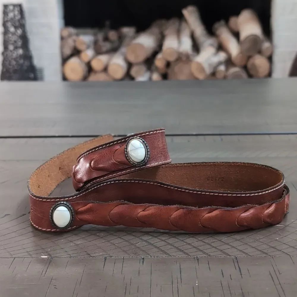 Vintage Leonardo Made In Italy Brown Woven Leather Belt  With Stone Detailing